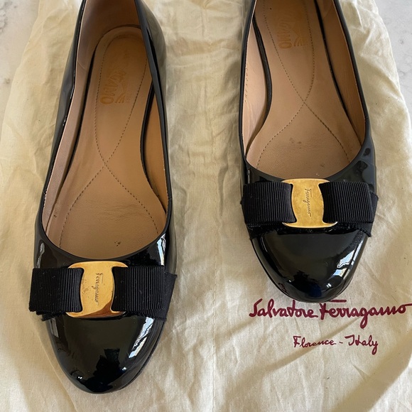 Salvatore Ferragamo Shoes - Salvatore Ferragamo Black Flats with Gold Accent